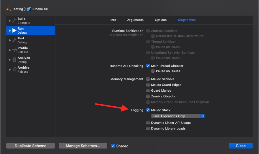 Set malloc stack on Xcode schema